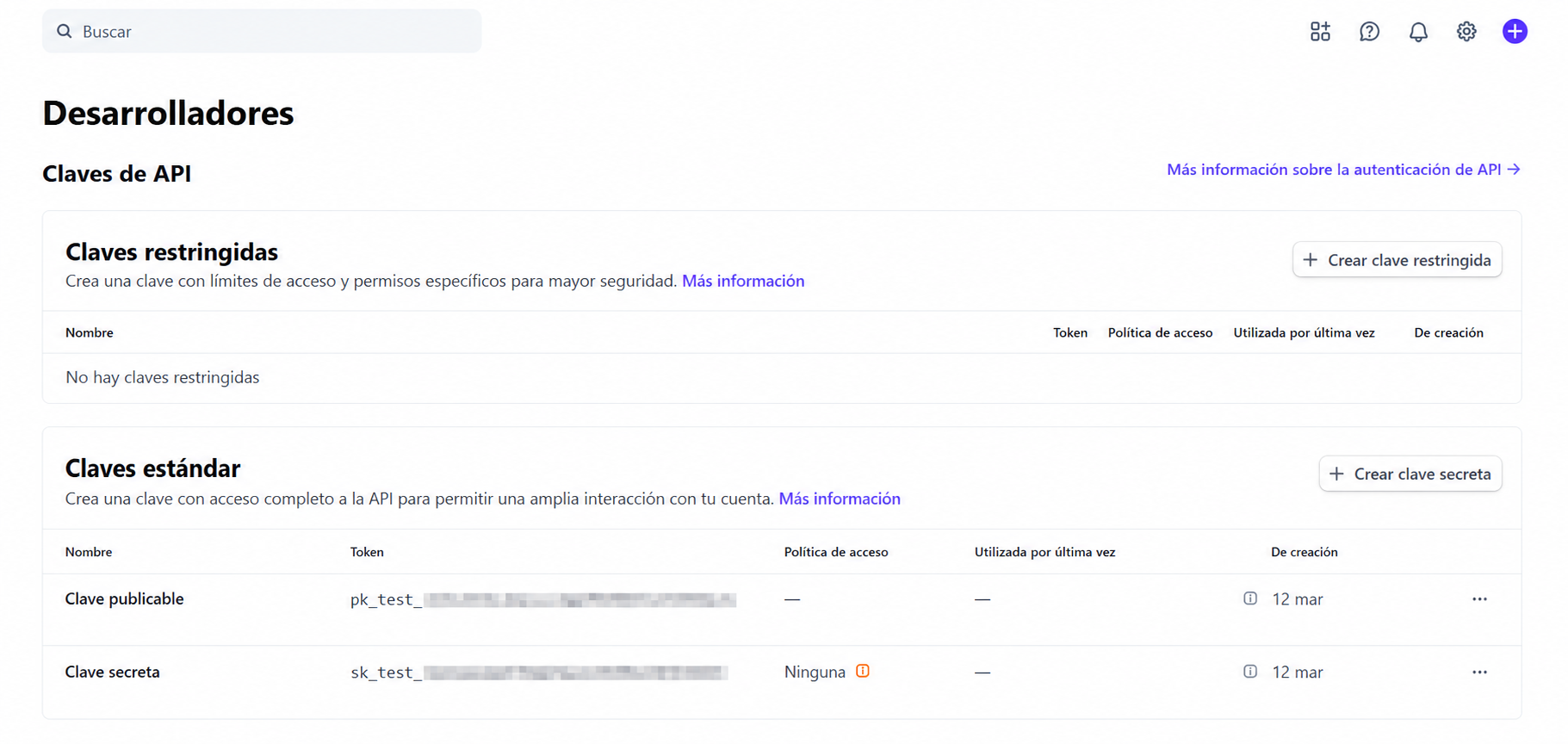 Claves API de Stripe en entorno de pruebas