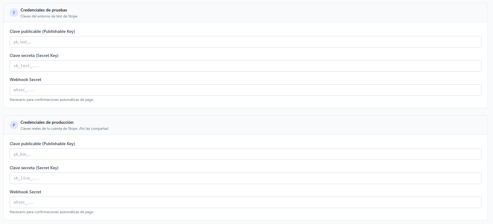 Configuración de Stripe en el panel con credenciales de pruebas y producción