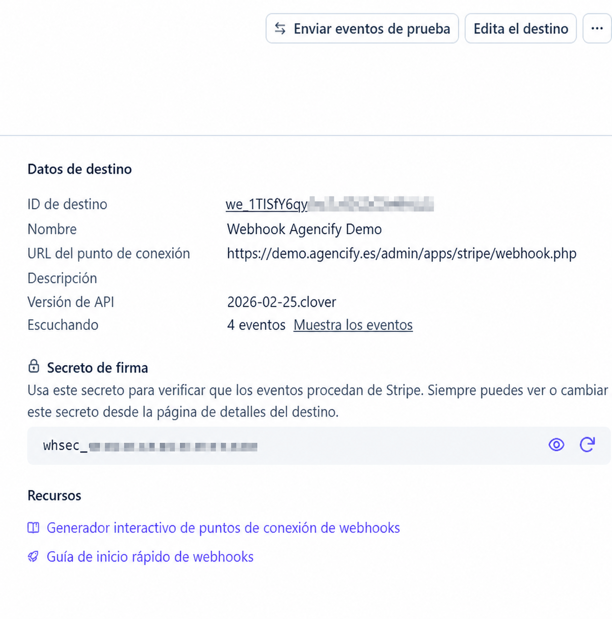 Secreto de firma del webhook en Stripe