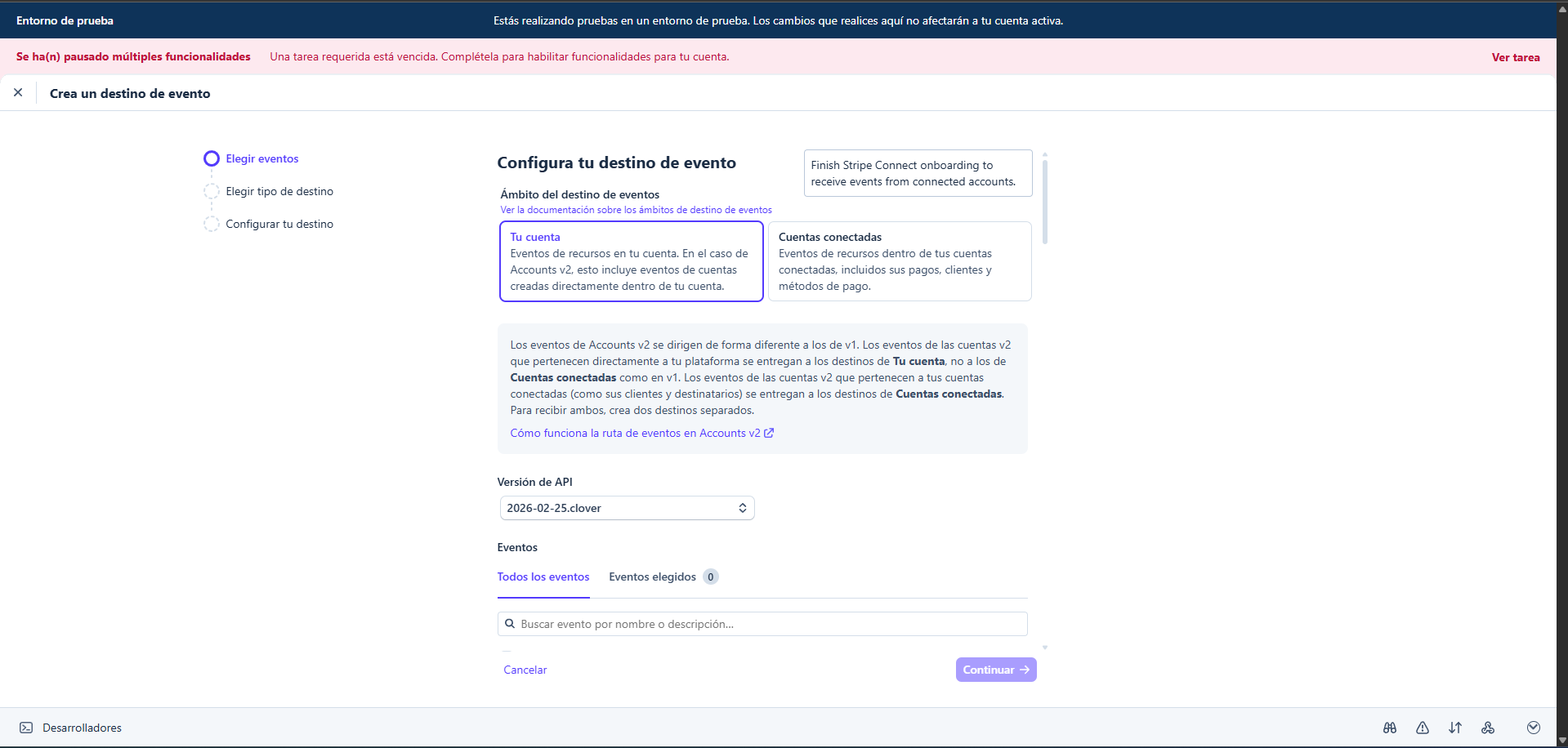 Selección de eventos del webhook en Stripe Workbench
