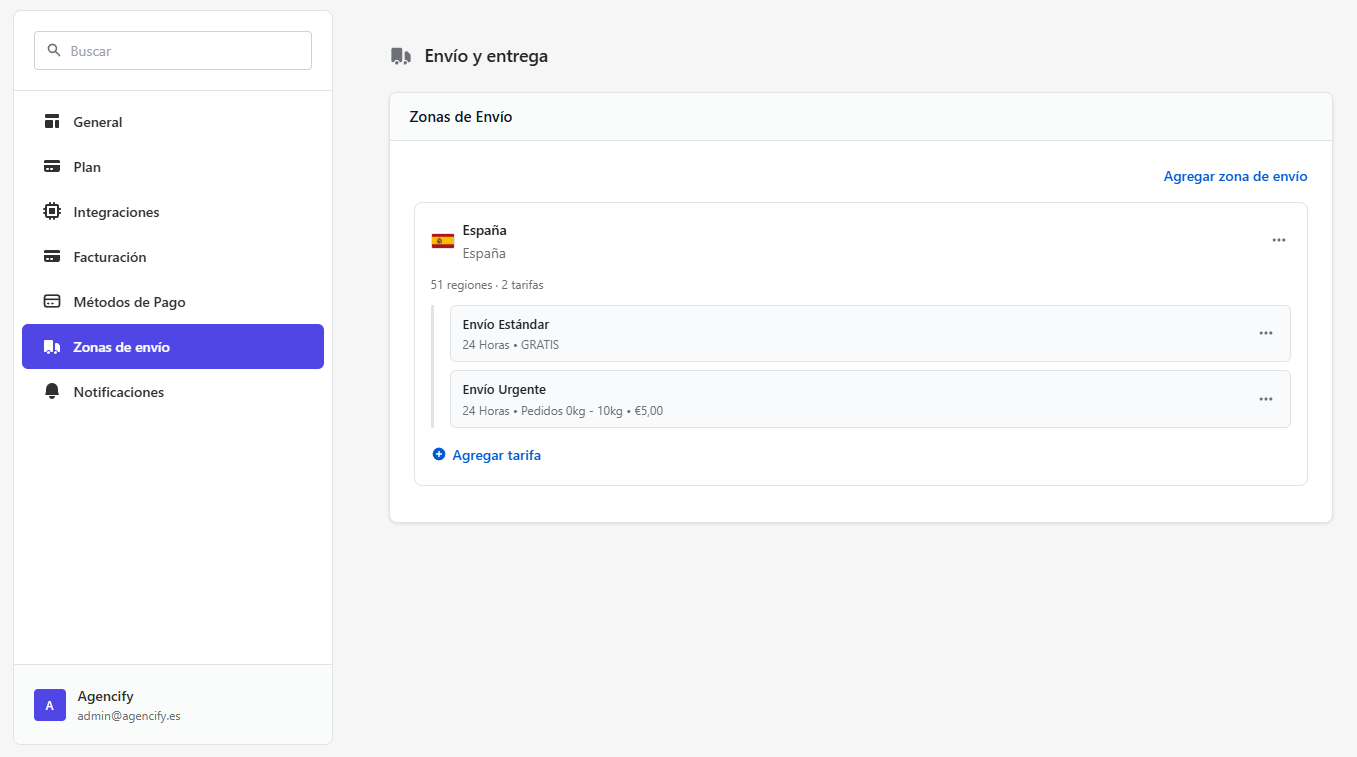 Configuración de zonas de envío